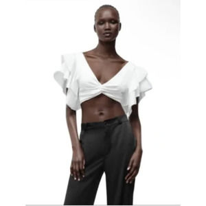 *NWT* Zara White V Neck Ruffle Sleeve Crop Top Knotted